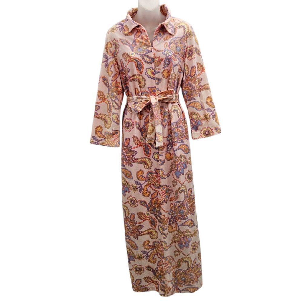 Vintage Sears At Home Wear Belted Robe M/L Paisley Print Fleece Pockets Pink 70s